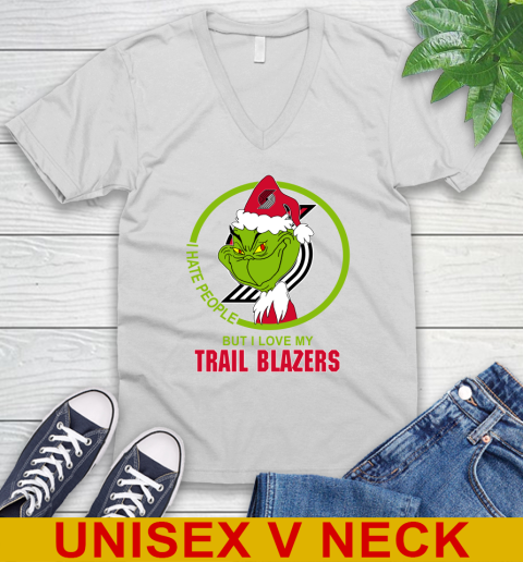 Portland Trail Blazers NBA Christmas Grinch I Hate People But I Love My Favorite Basketball Team V-Neck T-Shirt