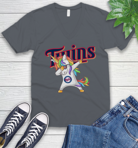 Minnesota Twins MLB Baseball Funny Unicorn Dabbing Sports V-Neck T-Shirt 5