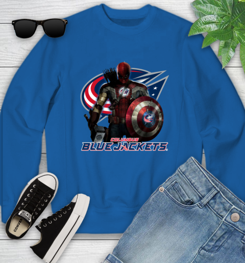 NHL Captain America Thor Spider Man Hawkeye Avengers Endgame Hockey Columbus Blue Jackets Youth Sweatshirt 8