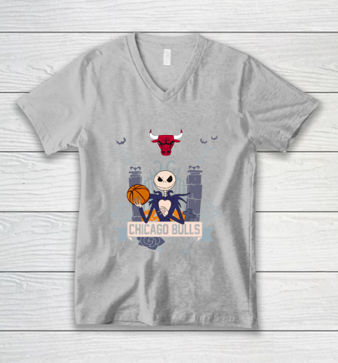 NBA Chicago Bulls Basketball Jack Skellington Halloween V-Neck T-Shirt 3