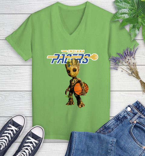 Indiana Pacers NBA Basketball Groot Marvel Guardians Of The Galaxy Women's V-Neck T-Shirt 11