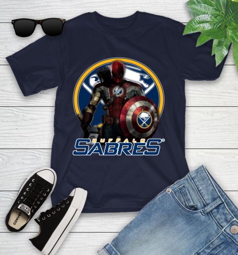 NHL Captain America Thor Spider Man Hawkeye Avengers Endgame Hockey Buffalo Sabres Youth T-Shirt 3