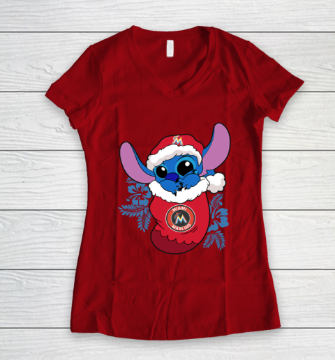 Miami Marlins Christmas Stitch In The Sock Funny Disney MLB Women's V-Neck T-Shirt 10
