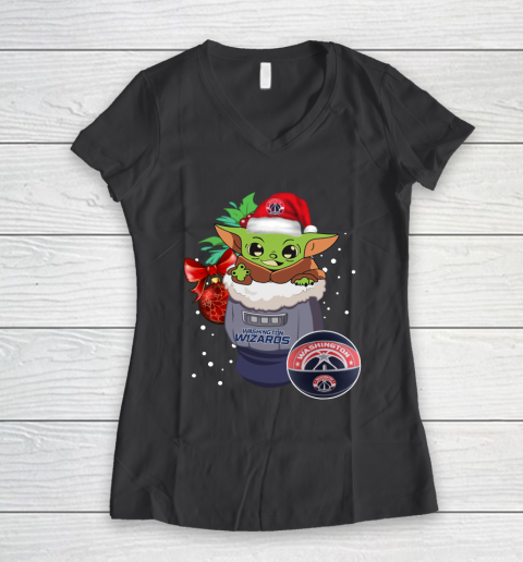 Washington Wizards Christmas Baby Yoda Star Wars Funny Happy NBA Women's V-Neck T-Shirt 8