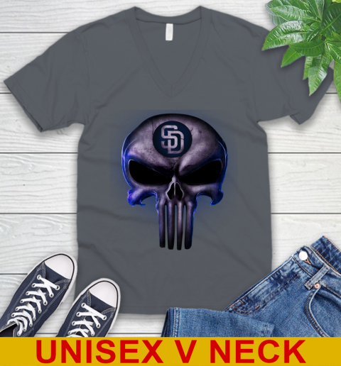 San Diego Padres MLB Baseball Punisher Skull Sports V-Neck T-Shirt 4