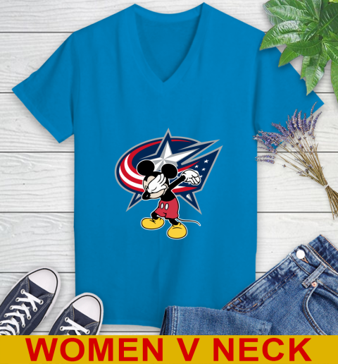 Columbus Blue Jackets NHL Hockey Dabbing Mickey Disney Sports Women's V-Neck T-Shirt 8