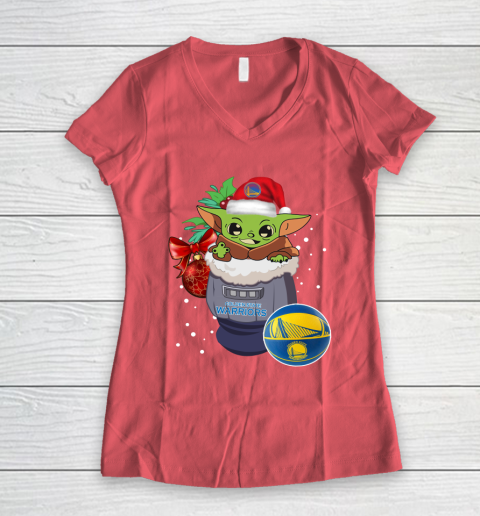 Golden State Warriors Christmas Baby Yoda Star Wars Funny Happy NBA Women's V-Neck T-Shirt 6
