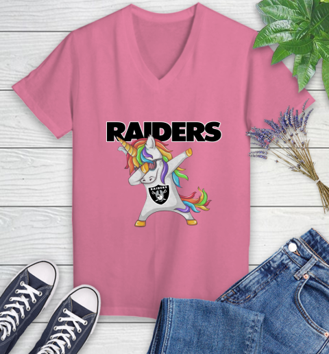 Oakland Raiders NFL Football Funny Unicorn Dabbing Sports Women's V-Neck T-Shirt 13