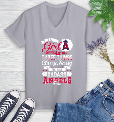 Los Angeles Angels MLB Baseball A Girl Should Be Three Things Classy Sassy And A Be Badass Fan Women's V-Neck T-Shirt 4