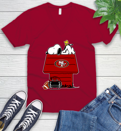 San Francisco 49ers NFL Football Snoopy Woodstock The Peanuts Movie V-Neck T-Shirt 8