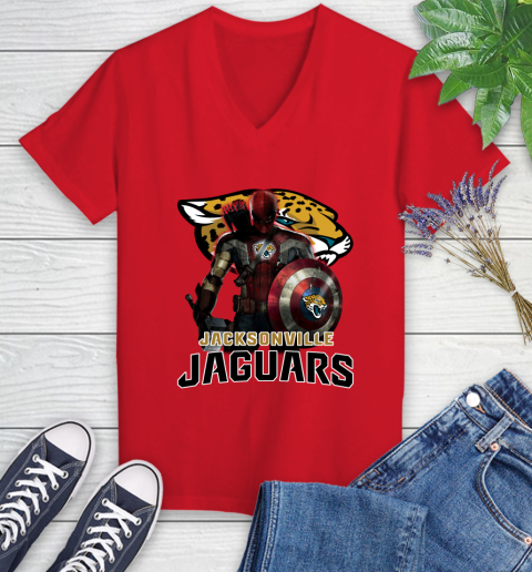 NFL Captain America Thor Spider Man Hawkeye Avengers Endgame Football Jacksonville Jaguars Women's V-Neck T-Shirt 12