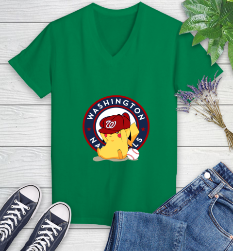 MLB Pikachu Baseball Sports Washington Nationals Women's V-Neck T-Shirt 5
