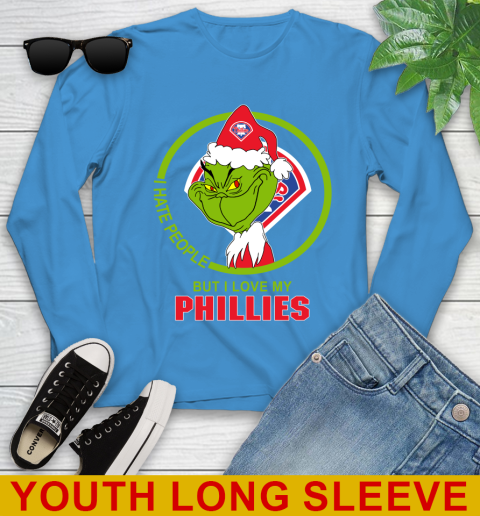 Philadelphia Phillies MLB Christmas Grinch I Hate People But I Love My Favorite Baseball Team Youth Long Sleeve 8