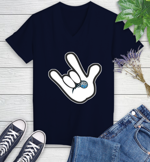 Orlando Magic NBA Basketball Mickey Rock Hand Disney Women's V-Neck T-Shirt 3