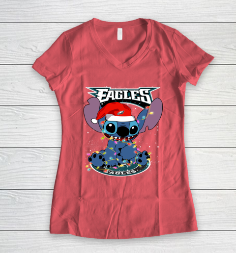 Philadelphia Eagles NFL Football noel stitch Christmas Women's V-Neck T-Shirt 3