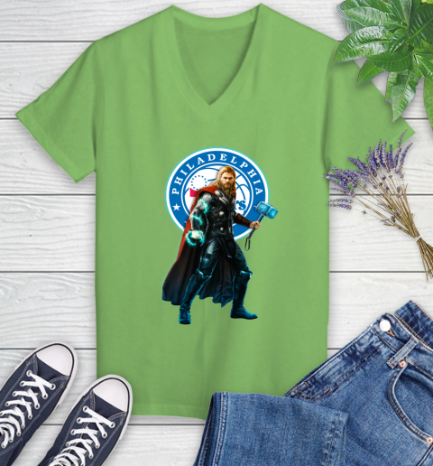 NBA Thor Avengers Endgame Basketball Philadelphia 76ers Women's V-Neck T-Shirt 11