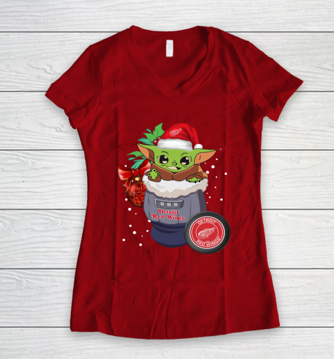 Detroit Red Wings Christmas Baby Yoda Star Wars Funny Happy NHL Women's V-Neck T-Shirt 10