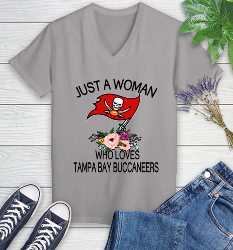 NFL Just A Woman Who Loves Tampa Bay Buccaneers Football Sports Women's V-Neck T-Shirt 2