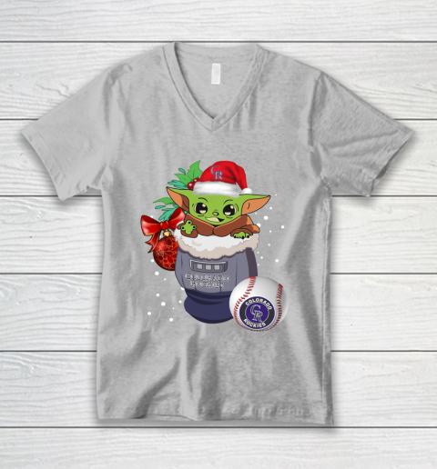 Colorado Rockies Christmas Baby Yoda Star Wars Funny Happy MLB V-Neck T-Shirt 4
