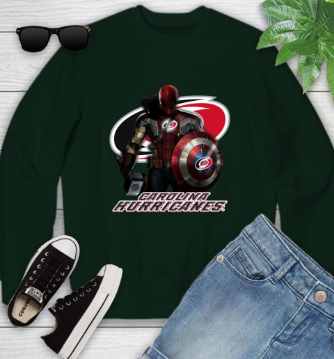 NHL Captain America Thor Spider Man Hawkeye Avengers Endgame Hockey Carolina Hurricanes Youth Sweatshirt 10