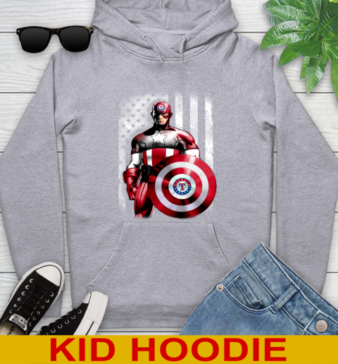 Texas Rangers MLB Baseball Captain America Marvel Avengers American Flag Shirt Youth Hoodie 6