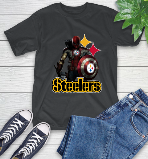 NFL Captain America Thor Spider Man Hawkeye Avengers Endgame Football Pittsburgh Steelers T-Shirt 2