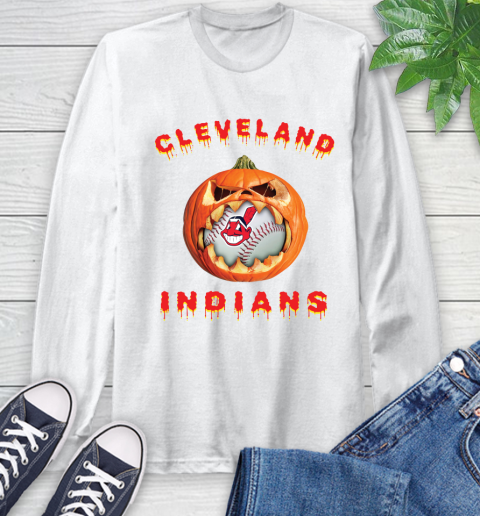 MLB Cleveland Indians Halloween Pumpkin Baseball Sports Long Sleeve T-Shirt