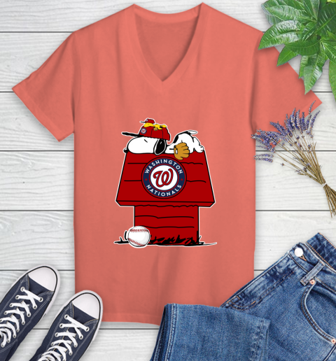 MLB Washington Nationals Snoopy Woodstock The Peanuts Movie Baseball T Shirt_000 Women's V-Neck T-Shirt 6