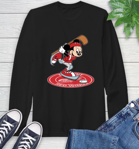 NHL Hockey Detroit Red Wings Cheerful Mickey Disney Shirt Long Sleeve T-Shirt