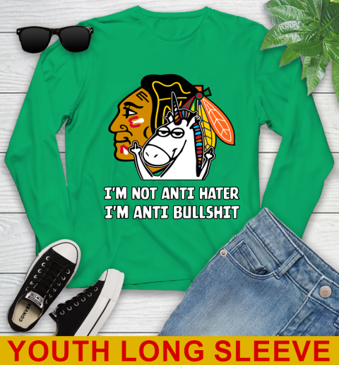 Chicago Blackhawks NHL Hockey Unicorn I'm Not Anti Hater I'm Anti Bullshit Youth Long Sleeve 7