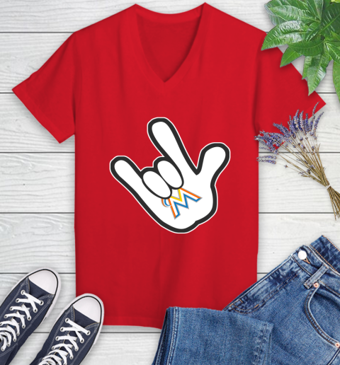 Miami Marlins MLB Baseball Mickey Rock Hand Disney Women's V-Neck T-Shirt 12
