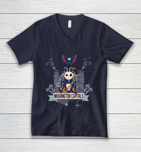 NHL Washington Capitals Hockey Jack Skellington Halloween V-Neck T-Shirt 2