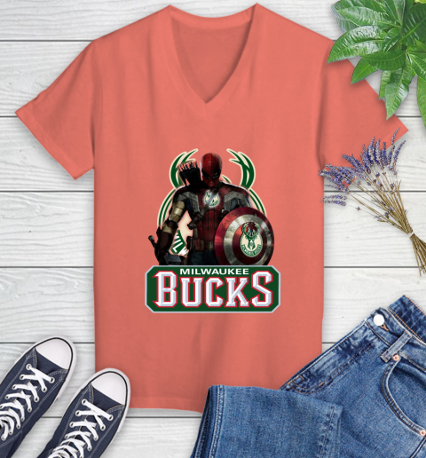 Milwaukee Bucks NBA Basketball Captain America Thor Spider Man Hawkeye Avengers Women's V-Neck T-Shirt 6
