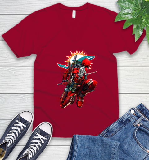 NFL Deadpool Marvel Comics Sports Football Miami Dolphins V-Neck T-Shirt 8