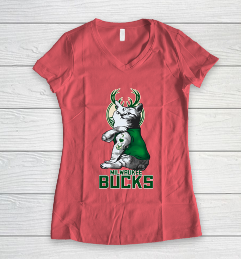 NBA Basketball My Cat Loves Milwaukee Bucks Women's V-Neck T-Shirt 4