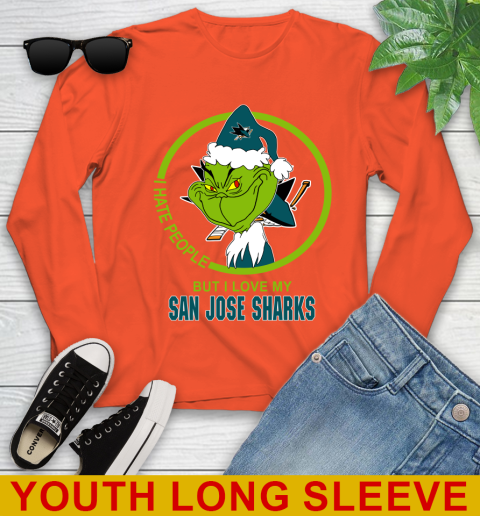 San Jose Sharks NHL Christmas Grinch I Hate People But I Love My Favorite Hockey Team Youth Long Sleeve 4