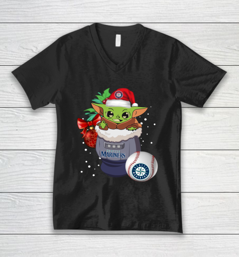 Seattle Mariners Christmas Baby Yoda Star Wars Funny Happy MLB V-Neck T-Shirt