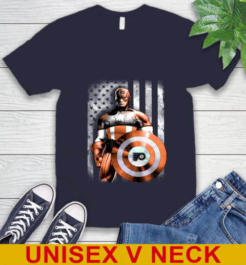 Philadelphia Flyers NHL Hockey Captain America Marvel Avengers American Flag Shirt V-Neck T-Shirt 2