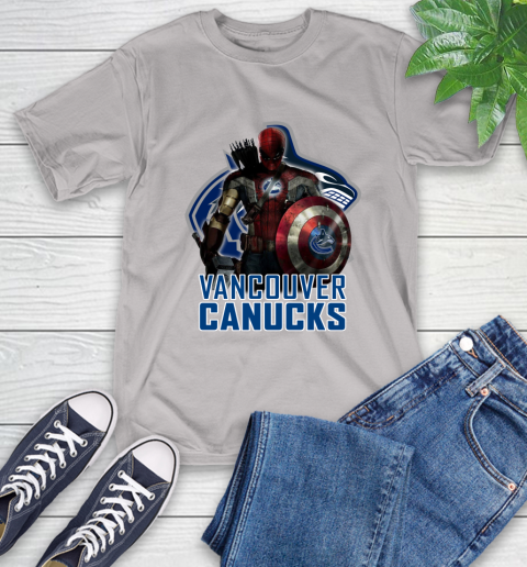 NHL Captain America Thor Spider Man Hawkeye Avengers Endgame Hockey Vancouver Canucks T-Shirt 12