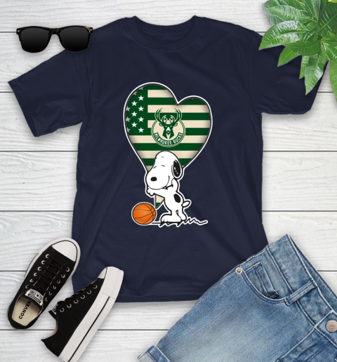 Milwaukee Bucks NBA Basketball The Peanuts Movie Adorable Snoopy Youth T-Shirt 3