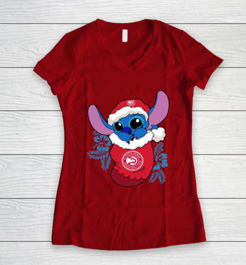 Atlanta Hawks Christmas Stitch In The Sock Funny Disney NBA Women's V-Neck T-Shirt 10