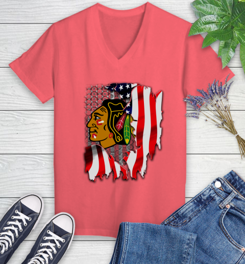 Chicago Blackhawks NHL Hockey American Flag Women's V-Neck T-Shirt 6
