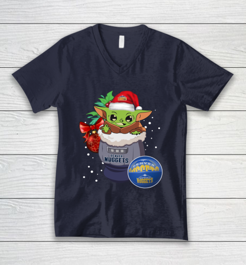 Denver Nuggets Christmas Baby Yoda Star Wars Funny Happy NBA V-Neck T-Shirt 3