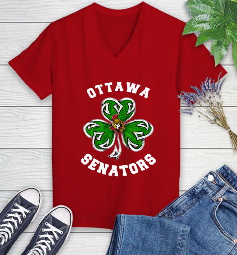 NHL Ottawa Senators Three Leaf Clover St Patrick's Day Hockey Sports Women's V-Neck T-Shirt 11