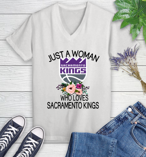 NBA Just A Woman Who Loves Sacramento Kings Basketball Sports Women's V-Neck T-Shirt