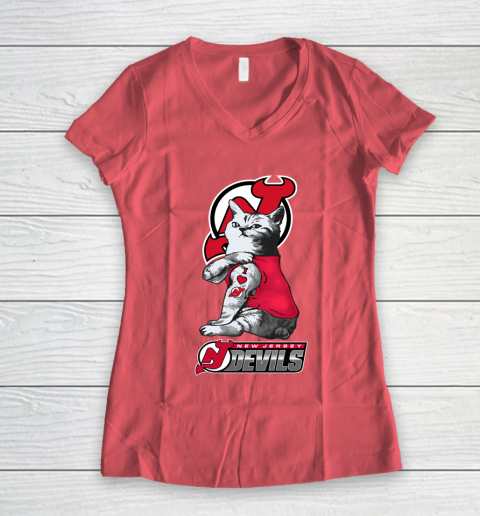 NHL My Cat Loves New Jersey Devils Hockey Women's V-Neck T-Shirt 4
