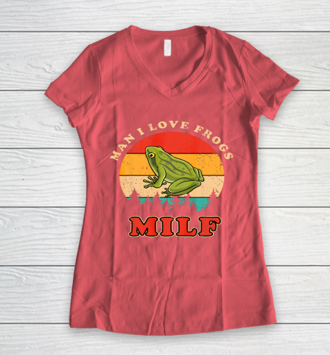 MILF Man I Love Frogs Funny Retro Frog Women's V-Neck T-Shirt 4