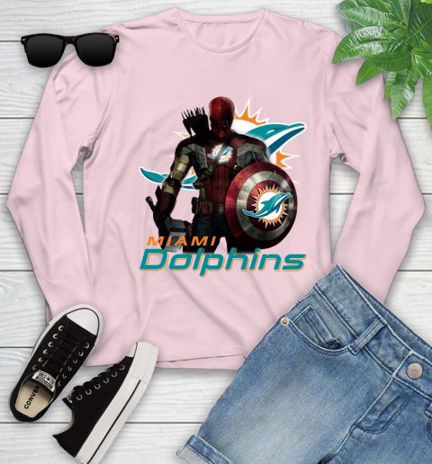 NFL Captain America Thor Spider Man Hawkeye Avengers Endgame Football Miami Dolphins Youth Long Sleeve 10