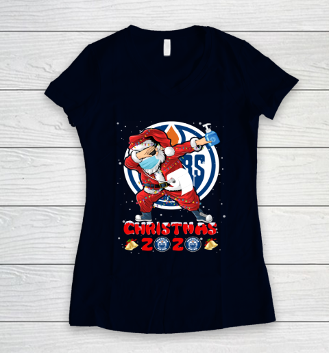 Edmonton Oilers Funny Santa Claus Dabbing Christmas 2020 NHL Women's V-Neck T-Shirt 2