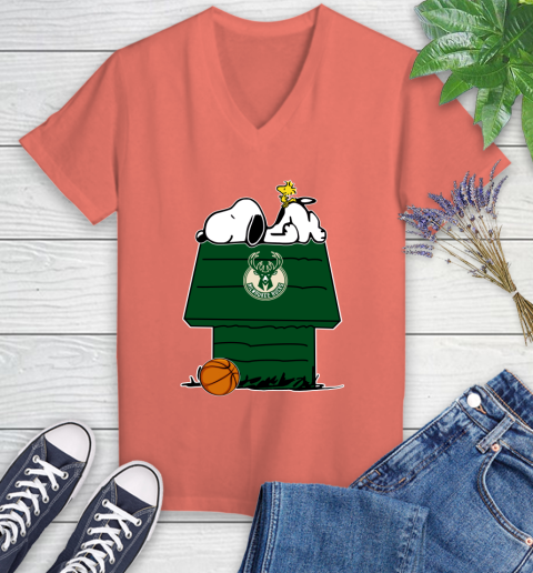 Milwaukee Bucks NBA Basketball Snoopy Woodstock The Peanuts Movie Women's V-Neck T-Shirt 6